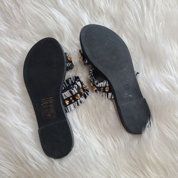 Camel Threads Blair Black White Studded Sandal 6 Fringe Slip On Slide Gold - Picture 2 of 3